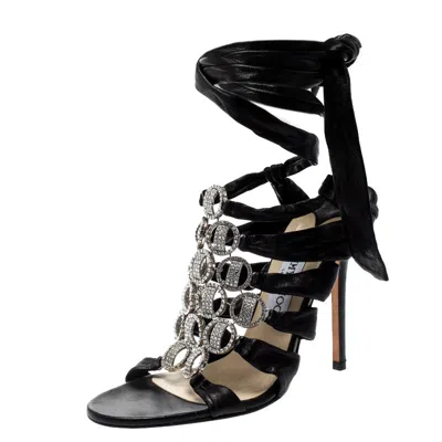 Jimmy Choo Black Leather Marine Crystal Embellished Tie Up Sandals