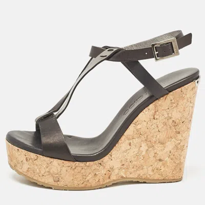 Pre-owned Jimmy Choo Black Leather Native Cork Wedge Sandals Size 35.5
