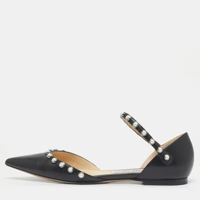 Jimmy Choo Black Leather Pearl Embellish Leema Ankle Strap Flats