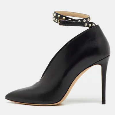 Pre-owned Jimmy Choo Black Leather Pointed Toe Lark Pearl Ankle Strap Pumps Size 40