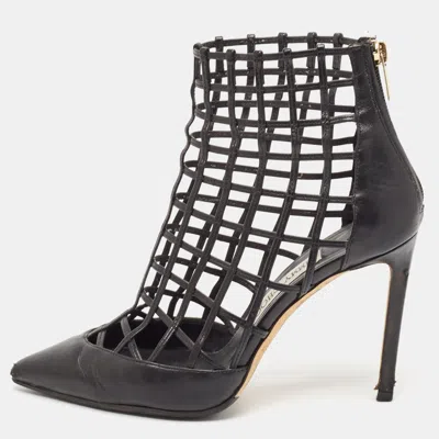 Pre-owned Jimmy Choo Black Leather Sheldon Caged Ankle Length Boots Size 36.5