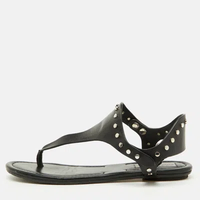 Pre-owned Jimmy Choo Black Leather Studded T-strap Flat Sandals Size 37