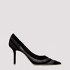 JIMMY CHOO BLACK LOVE 85 FLOCKED STRIPES MESH PUMPS