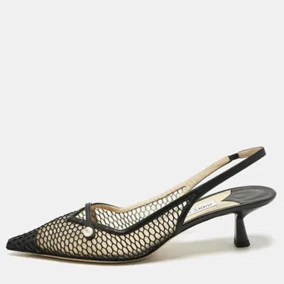 Pre-owned Jimmy Choo Black Mesh And Leather Fetto Slingback Pumps Size 41