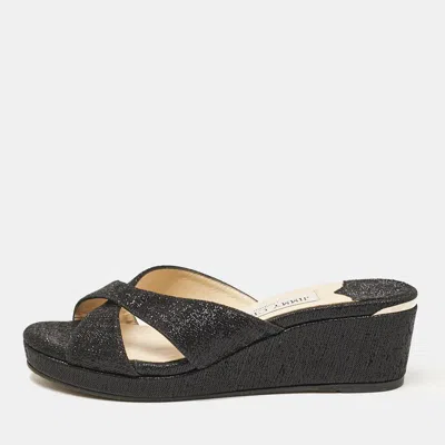 Pre-owned Jimmy Choo Black Metallic Lurex Fabric Prima Wedge Sandals Size 35