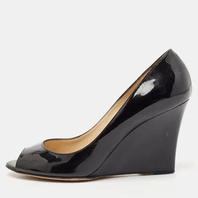Jimmy Choo Black Patent Leather Baxen Peep Toe Wedge Pumps