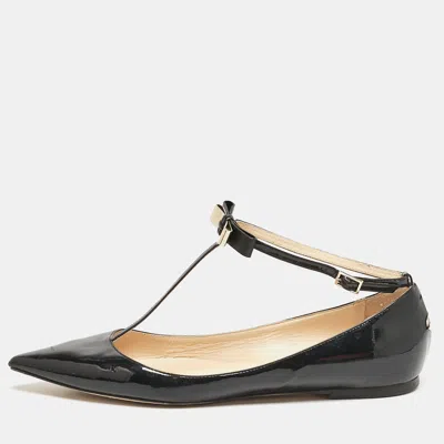 Jimmy Choo Black Patent Leather Bow Ankle Strap Ballet Flats
