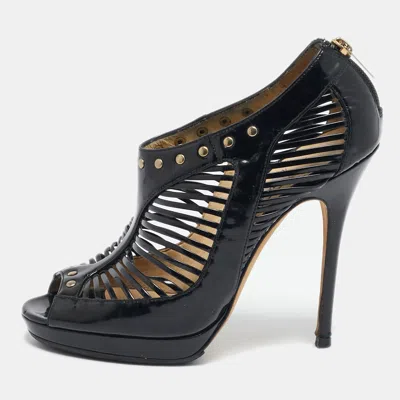 Pre-owned Jimmy Choo Black Patent Leather Cage Platform Booties Size 38