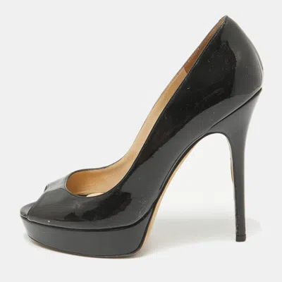 Pre-owned Jimmy Choo Black Patent Leather Crown Peep Toe Pumps Size 39