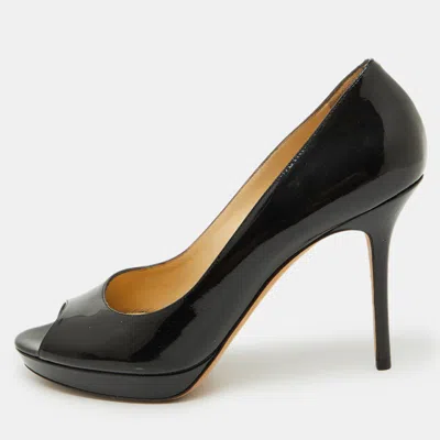 Jimmy Choo Black Patent Leather Crown Platform Peep Toe Pumps