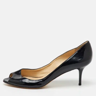 Pre-owned Jimmy Choo Black Patent Leather Peep Toe Pumps Size 37.5