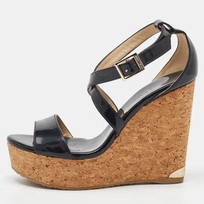 Pre-owned Jimmy Choo Black Patent Leather Portia Cork Platform Wedge Cross Strap Sandals Size 37
