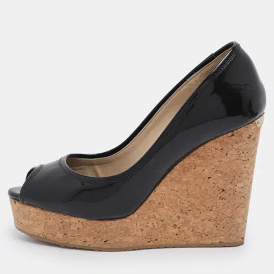 Pre-owned Jimmy Choo Black Patent Papina Open Toe Cork Wedge Pumps Size 38