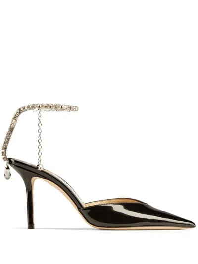 Jimmy Choo Black Black 85 Mm Saeda Decollete Heels In Black Crystal