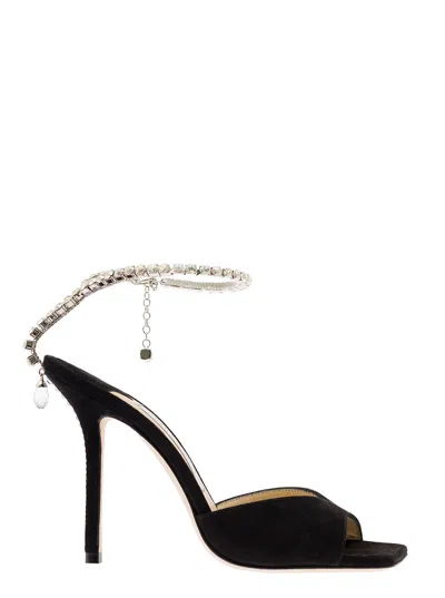 Jimmy Choo Black Saeda Sandals With Crystal Embellishment In Leather Woman In Black/crystal