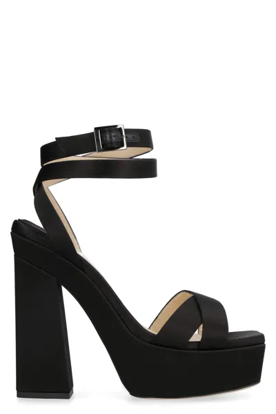 Jimmy Choo Black Satin Sandals With Adjustable Ankle Strap And Square Toeline