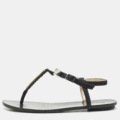Pre-owned Jimmy Choo Black Shimmer Suede Wander Crystals T-strap Sandals Size 37
