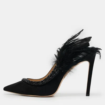 Pre-owned Jimmy Choo Black Suede And Feather Tacey Slingback Pumps Size 38.5
