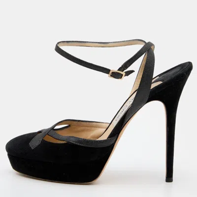 Pre-owned Jimmy Choo Black Suede And Glitter Ankle Strap Platform Sandals Size 39
