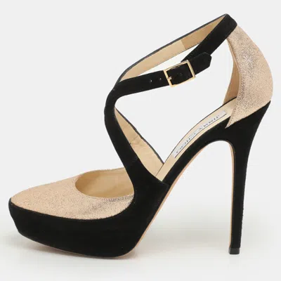 Jimmy Choo Black Suede And Gold Glitter Fabric Round Toe Ankle Strap Platform Pumps