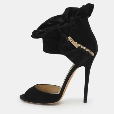 Jimmy Choo Black Suede And Satin Ruffle Ankle Strap Sandals In Multi