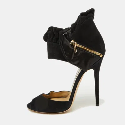 Pre-owned Jimmy Choo Black Suede And Satin Ruffle Ankle Strap Sandals Size 38