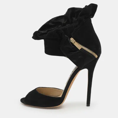 Pre-owned Jimmy Choo Black Suede And Satin Ruffle Ankle Strap Sandals Size 38