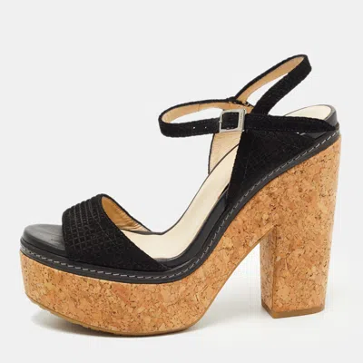 Pre-owned Jimmy Choo Black Suede Cork Block Heel Sandals Size 41