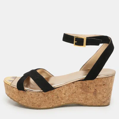 Pre-owned Jimmy Choo Black Suede Cork Wedge Ankle Strap Sandals Size 40
