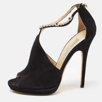 Pre-owned Jimmy Choo Black Suede Crystal Embellished Ankle Strap Sandals Size 40