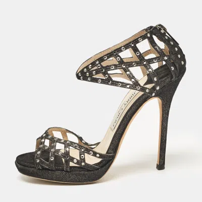 Pre-owned Jimmy Choo Black Suede Crystal Embellished Cut Out Strappy Sandals Size 35.5