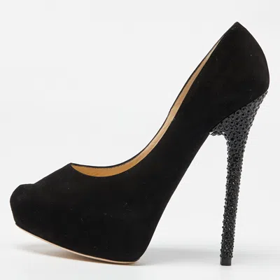 Pre-owned Jimmy Choo Black Suede Esam Crystal Embellished Pumps Size 39