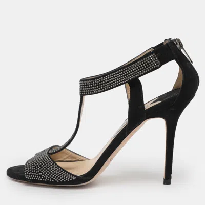 Pre-owned Jimmy Choo Black Suede Glint Rhinestone Strappy Sandals Size 38.5