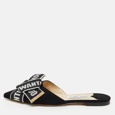 Pre-owned Jimmy Choo Black Suede Logo Web Gretchen Flat Mules Size 38