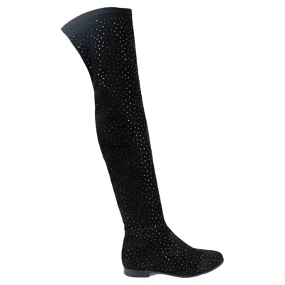 Pre-owned Jimmy Choo Black Suede Myren Crystal Over Knee Boots Shoes 37.5