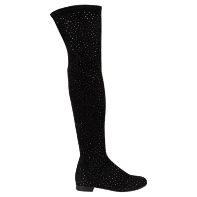 Pre-owned Jimmy Choo Black Suede Myren Crystal Over Knee Boots Shoes 39