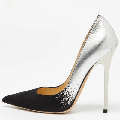 Jimmy Choo Black Suede Pointed Toe Pumps In Silver