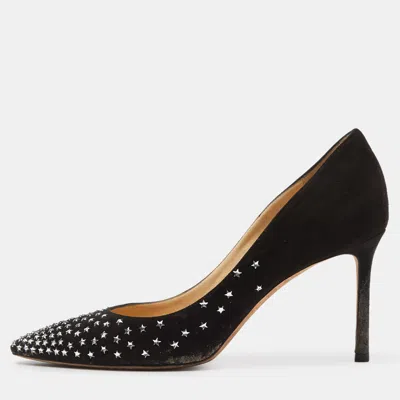 Pre-owned Jimmy Choo Black Suede Romy Crystal Embellished Pointed Toe Pumps Size 39.5