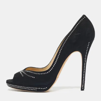 Pre-owned Jimmy Choo Black Suede Studded Peep Toe Pumps Size 41