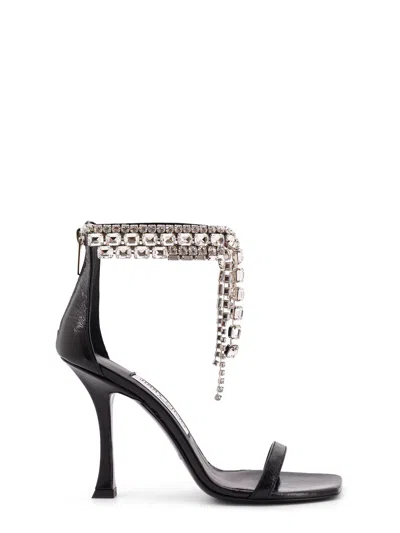 JIMMY CHOO BLACK VINTAGE LEATHER SANDALS WITH CRYSTALS DETAIL