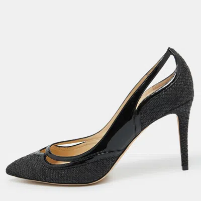 Pre-owned Jimmy Choo Black Woven Fabric And Patent Leather Hickory Pumps Size 40