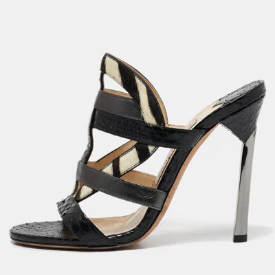 Pre-owned Jimmy Choo Black Zebra Print Calfhair And Snakeskin Vanisa Slide Sandals Size 36.5