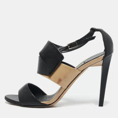 Pre-owned Jimmy Choo Black/beige Leather And Patent Ankle Strap Sandals Size 36