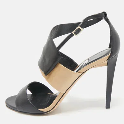 Pre-owned Jimmy Choo Black/beige Leather Trapeze Strappy Sandals Size 40