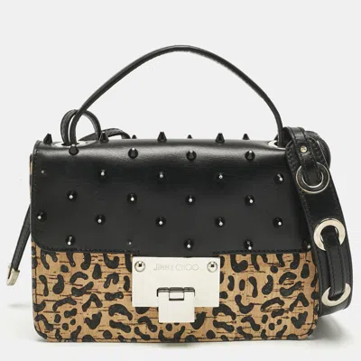 Pre-owned Jimmy Choo Black/beige Leopard Print Cork And Leather Rebel Embellished Crossbody Bag