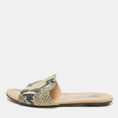 Pre-owned Jimmy Choo Black/cream Python Embossed Leather Nanda Flat Slide Sandals Size 36.5