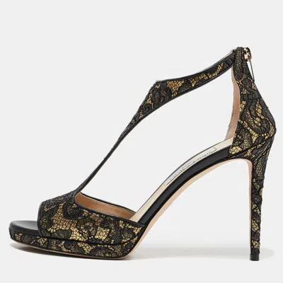 Pre-owned Jimmy Choo Black/gold Lace And Lurex Fabric Lana Sandals Size 41