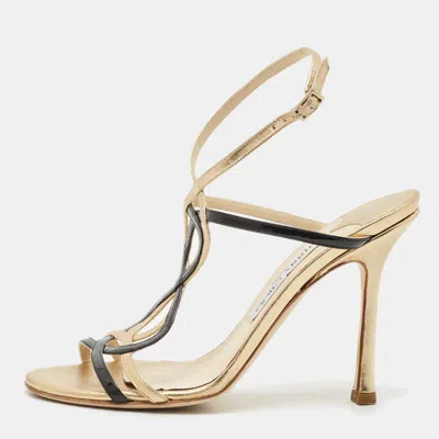 Pre-owned Jimmy Choo Black/gold Patent And Leather Ankle Strap Sandals Size 37