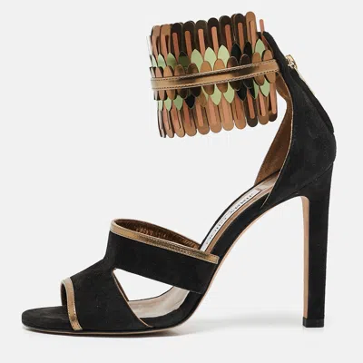 Pre-owned Jimmy Choo Black/gold Suede And Metallic Leather Klara Sandals Size 38