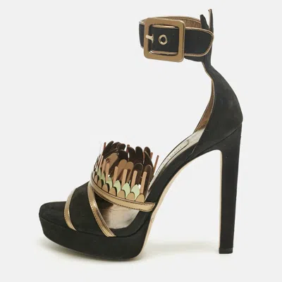 Pre-owned Jimmy Choo Black/gold Suede Kathleen Open Toe Ankle Cuff Sandals Size 36
